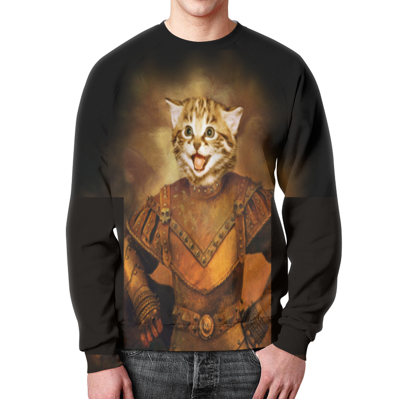 Printio Свитшот мужской с полной запечаткой Котик в рыцарских доспехах.