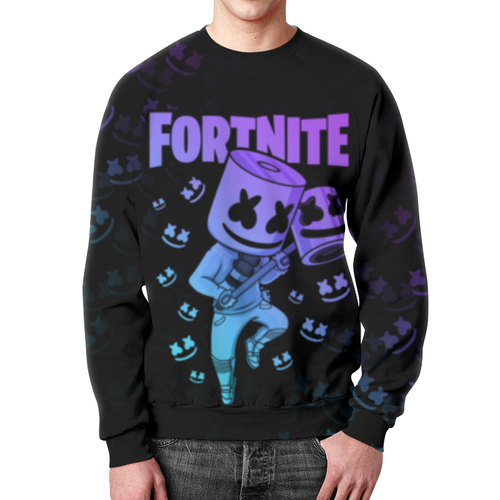 Заказать свитшот в Москве. Свитшот мужской с полной запечаткой Fortnite, Marshmello от geekbox - готовые дизайны и нанесение принтов.