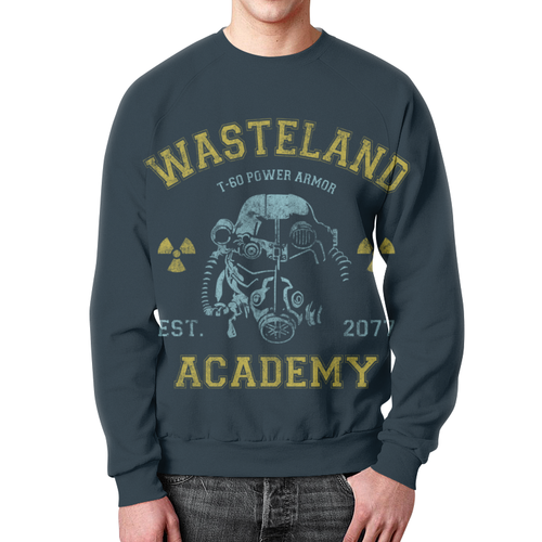 Заказать свитшот в Москве. Свитшот мужской с полной запечаткой Fallout. Wasteland Academy от geekbox - готовые дизайны и нанесение принтов.