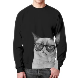 Заказать свитшот в Москве. Свитшот мужской с полной запечаткой Угрюмый кот в очках от Aleksandra Shamrina - готовые дизайны и нанесение принтов.
