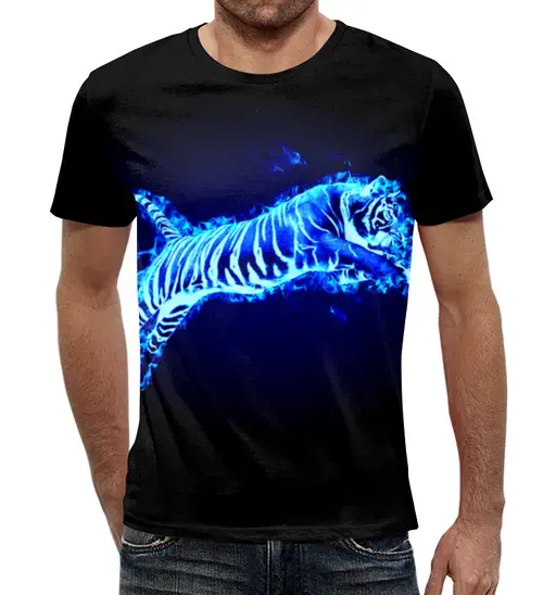 Заказать мужскую футболку в Москве. Футболка с полной запечаткой (мужская) тигр прыгает от Maksim  - готовые дизайны и нанесение принтов.