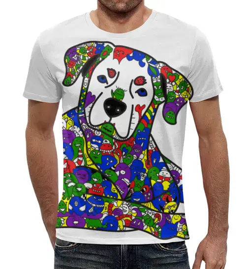 Заказать мужскую футболку в Москве. Футболка с полной запечаткой (мужская) собака из дудл монстров от Игма - готовые дизайны и нанесение принтов.