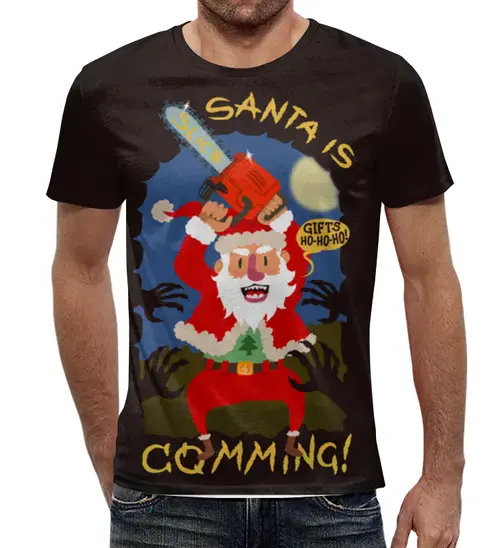 Заказать мужскую футболку в Москве. Футболка с полной запечаткой (мужская) Santa is comming! от sanchezz111 - готовые дизайны и нанесение принтов.