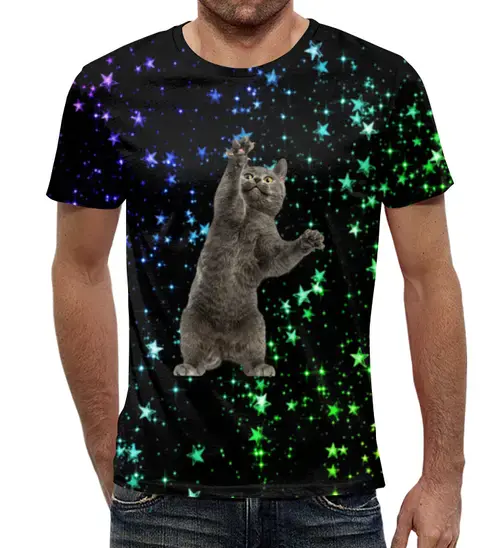 Заказать мужскую футболку в Москве. Футболка с полной запечаткой (мужская) Кот и звезды от THE_NISE  - готовые дизайны и нанесение принтов.