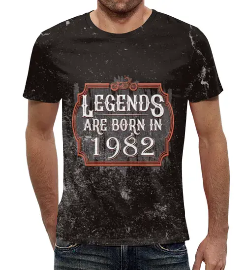 Заказать мужскую футболку в Москве. Футболка с полной запечаткой (мужская) Legends Are Born In 1982 от tutik_mutik@mail.ru - готовые дизайны и нанесение принтов.