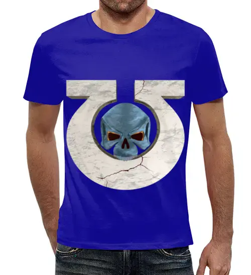 Заказать мужскую футболку в Москве. Футболка с полной запечаткой (мужская) Ультрамарины (омега с черепом) от GeekFox  - готовые дизайны и нанесение принтов.
