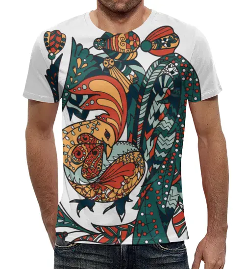 Заказать мужскую футболку в Москве. Футболка с полной запечаткой (мужская) петушиное разноцветие от Игма - готовые дизайны и нанесение принтов.