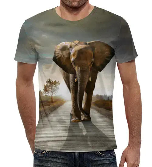 Заказать мужскую футболку в Москве. Футболка с полной запечаткой (мужская) Саванный слон от queen  - готовые дизайны и нанесение принтов.