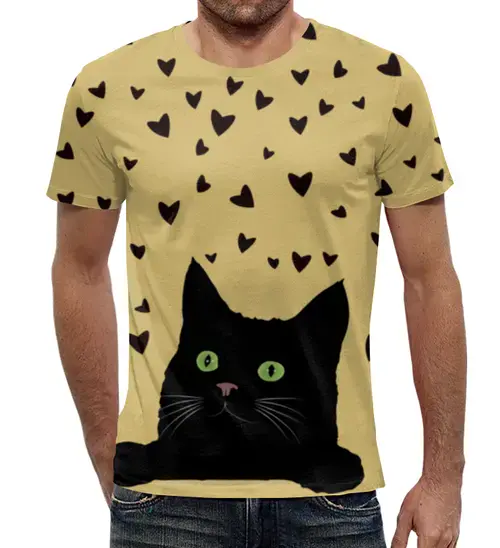 Заказать мужскую футболку в Москве. Футболка с полной запечаткой (мужская) Кот с сердечками от valezar - готовые дизайны и нанесение принтов.