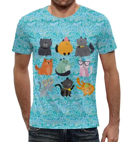 Заказать мужскую футболку в Москве. Футболка с полной запечаткой (мужская) Цветные кошки от Yaroslava - готовые дизайны и нанесение принтов.
