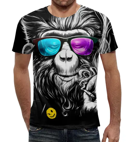 Заказать мужскую футболку в Москве. Футболка с полной запечаткой (мужская) Курящая обезьяна от printik - готовые дизайны и нанесение принтов.