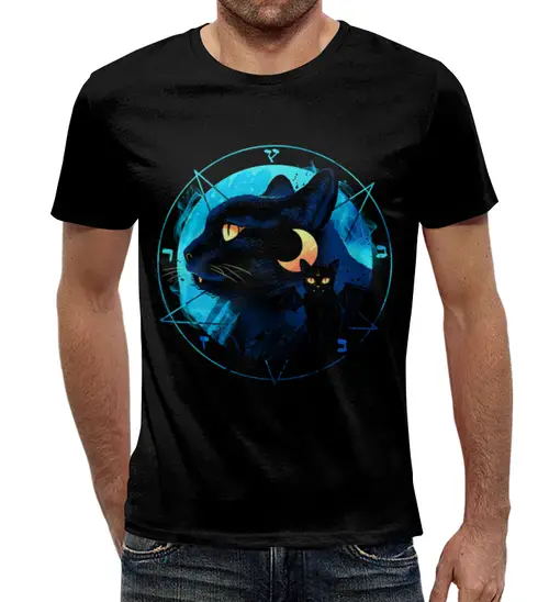 Заказать мужскую футболку в Москве. Футболка с полной запечаткой (мужская) Лунный кот от T-shirt print  - готовые дизайны и нанесение принтов.