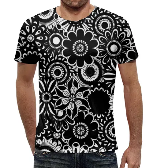 Заказать мужскую футболку в Москве. Футболка с полной запечаткой (мужская) Черно-белые цветы от THE_NISE  - готовые дизайны и нанесение принтов.