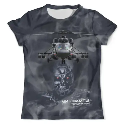 Заказать мужскую футболку в Москве. Футболка с полной запечаткой (мужская) Вертолет Ми-8АМТШ «Терминатор» от Каптерка - готовые дизайны и нанесение принтов.
