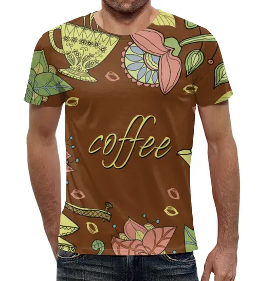 Заказать мужскую футболку в Москве. Футболка с полной запечаткой (мужская) Я люблю кофе от ПРИНТЫ ПЕЧАТЬ  - готовые дизайны и нанесение принтов.