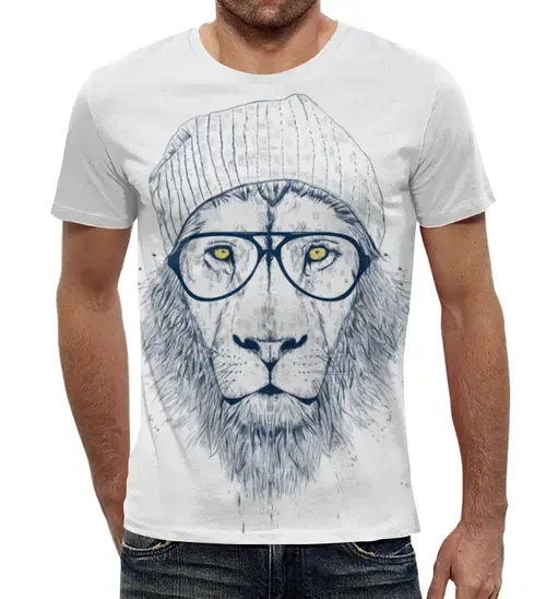 Заказать мужскую футболку в Москве. Футболка с полной запечаткой (мужская) Hipster lion 3D от Vasilixa - готовые дизайны и нанесение принтов.