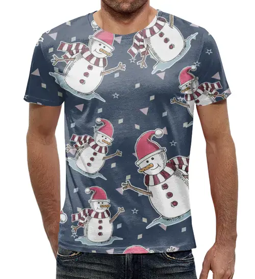 Заказать мужскую футболку в Москве. Футболка с полной запечаткой (мужская) Снеговики от T-shirt print  - готовые дизайны и нанесение принтов.