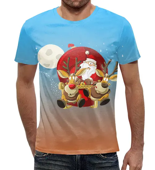 Заказать мужскую футболку в Москве. Футболка с полной запечаткой (мужская) Санта с оленями   от T-shirt print  - готовые дизайны и нанесение принтов.