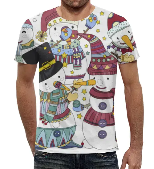 Заказать мужскую футболку в Москве. Футболка с полной запечаткой (мужская) Снеговички от megashmot - готовые дизайны и нанесение принтов.