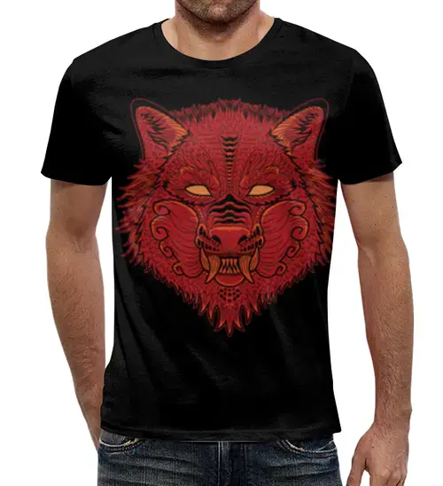 Заказать мужскую футболку в Москве. Футболка с полной запечаткой (мужская) Красный волк от YellowCloverShop - готовые дизайны и нанесение принтов.