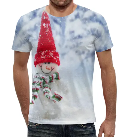 Заказать мужскую футболку в Москве. Футболка с полной запечаткой (мужская) Счастливый снеговик  от Руслан - готовые дизайны и нанесение принтов.