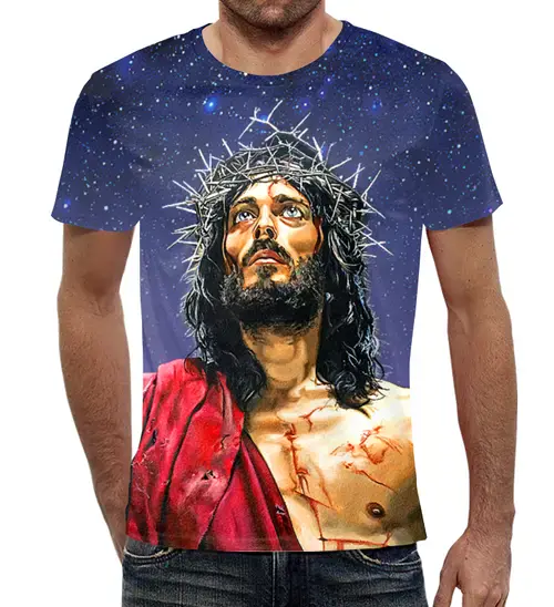 Заказать мужскую футболку в Москве. Футболка с полной запечаткой (мужская) Jesus Christ от balden - готовые дизайны и нанесение принтов.