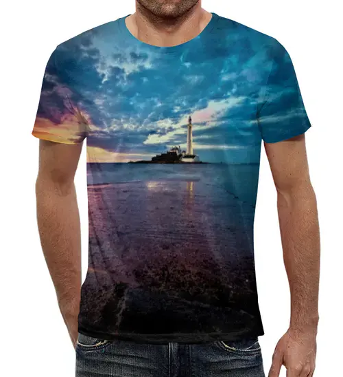 Заказать мужскую футболку в Москве. Футболка с полной запечаткой (мужская) Маяк в море от THE_NISE  - готовые дизайны и нанесение принтов.