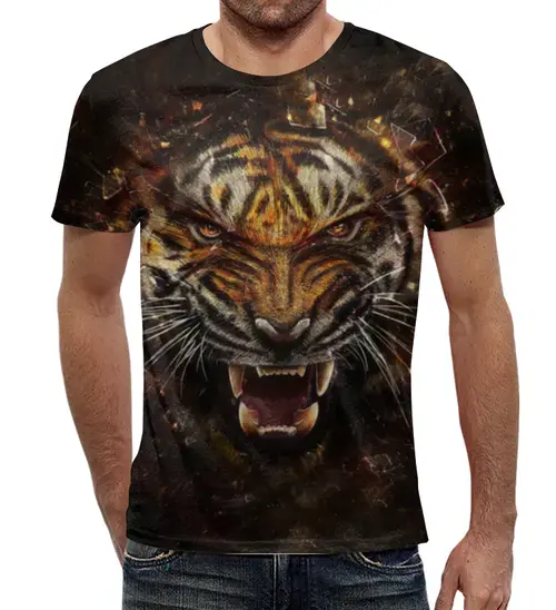 Заказать мужскую футболку в Москве. Футболка с полной запечаткой (мужская) Ревущий тигр от ПРИНТЫ ПЕЧАТЬ  - готовые дизайны и нанесение принтов.