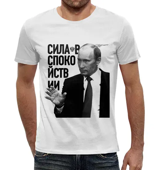 Заказать мужскую футболку в Москве. Футболка с полной запечаткой (мужская) Сила в спокойствии от prodesign - готовые дизайны и нанесение принтов.
