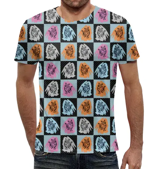 Заказать мужскую футболку в Москве. Футболка с полной запечаткой (мужская) Коты в клеточку от PolinaPo - готовые дизайны и нанесение принтов.