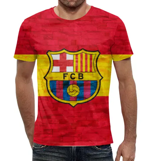 Заказать мужскую футболку в Москве. Футболка с полной запечаткой (мужская) Барселона (Барса) от trugift - готовые дизайны и нанесение принтов.
