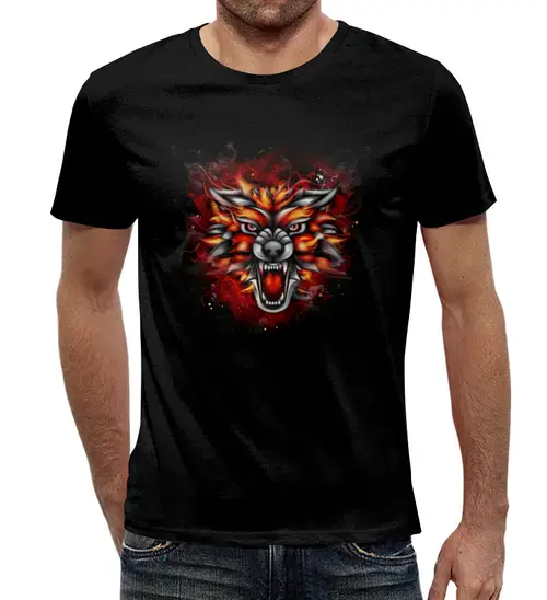 Заказать мужскую футболку в Москве. Футболка с полной запечаткой (мужская) Wolf & Fire от Аня Лукьянова - готовые дизайны и нанесение принтов.