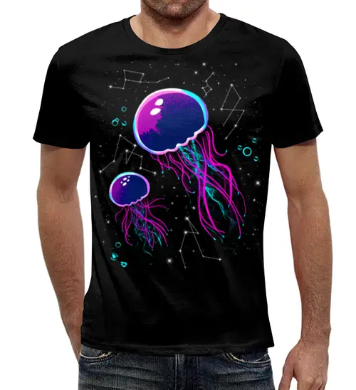 Заказать мужскую футболку в Москве. Футболка с полной запечаткой (мужская) Космические медузы от T-shirt print  - готовые дизайны и нанесение принтов.