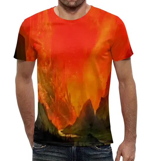 Заказать мужскую футболку в Москве. Футболка с полной запечаткой (мужская) Пламенный закат от THE_NISE  - готовые дизайны и нанесение принтов.