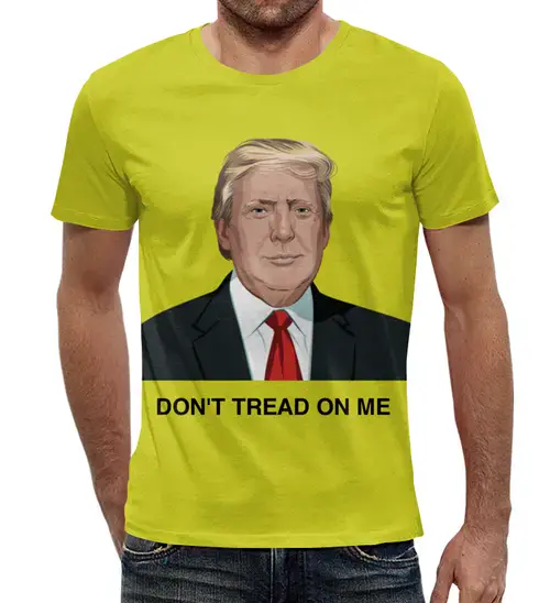 Заказать мужскую футболку в Москве. Футболка с полной запечаткой (мужская) Trump. Dont tread on me. Дональд Трамп от Александр - готовые дизайны и нанесение принтов.