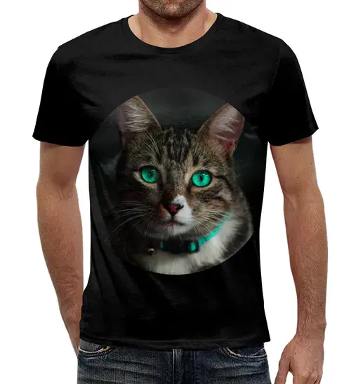 Заказать мужскую футболку в Москве. Футболка с полной запечаткой (мужская) Зеленоглазый кот от Сакурана  - готовые дизайны и нанесение принтов.