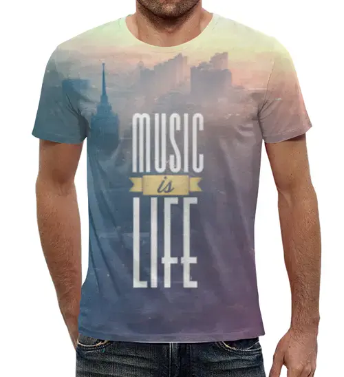 Заказать мужскую футболку в Москве. Футболка с полной запечаткой (мужская) Music is Life от Broadway music - готовые дизайны и нанесение принтов.