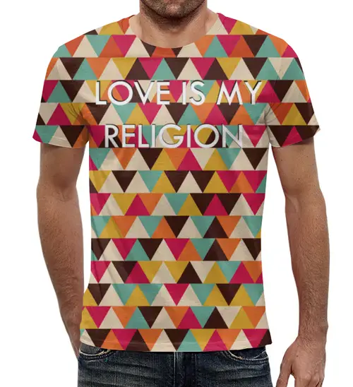 Заказать мужскую футболку в Москве. Футболка с полной запечаткой (мужская) Любовь-моя религия от CoolDesign - готовые дизайны и нанесение принтов.