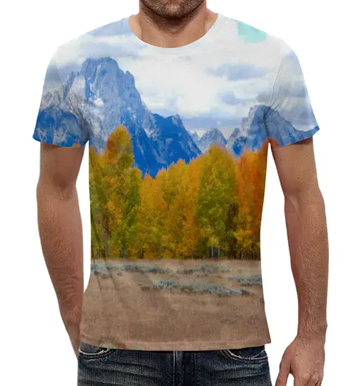 Заказать мужскую футболку в Москве. Футболка с полной запечаткой (мужская) Деревья в горах от THE_NISE  - готовые дизайны и нанесение принтов.