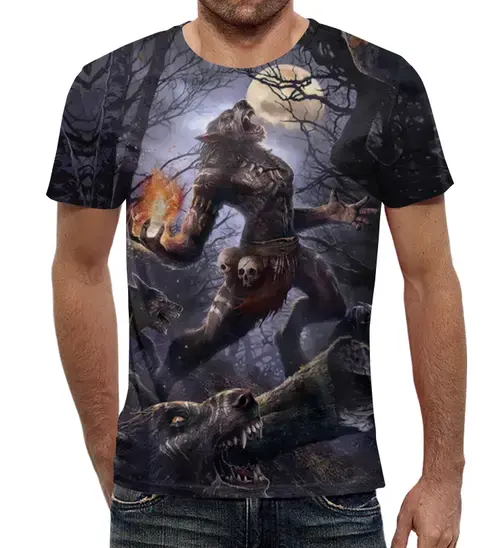 Заказать мужскую футболку в Москве. Футболка с полной запечаткой (мужская) Shaman's Wolf от balden - готовые дизайны и нанесение принтов.