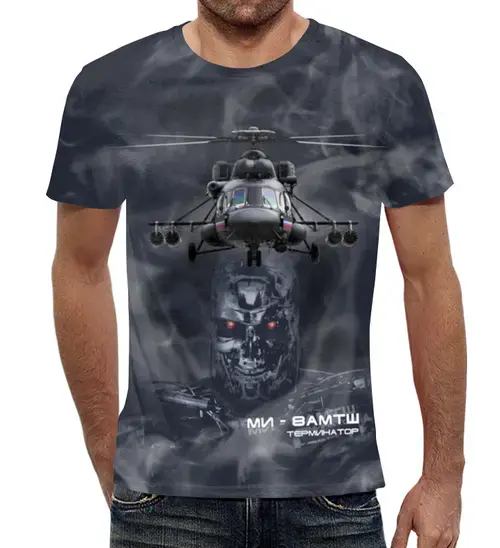 Заказать мужскую футболку в Москве. Футболка с полной запечаткой (мужская) Вертолет Ми-8АМТШ «Терминатор» от Каптерка - готовые дизайны и нанесение принтов.