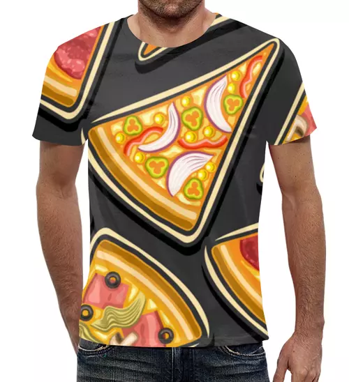 Заказать мужскую футболку в Москве. Футболка с полной запечаткой (мужская) Кусочки пиццы от skynatural - готовые дизайны и нанесение принтов.