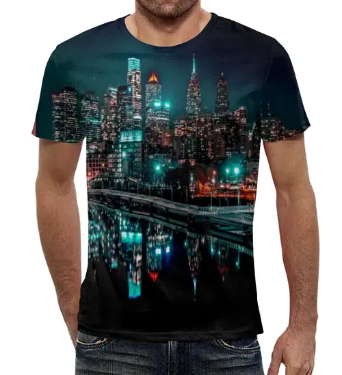 Заказать мужскую футболку в Москве. Футболка с полной запечаткой (мужская) Ночные огни от THE_NISE  - готовые дизайны и нанесение принтов.