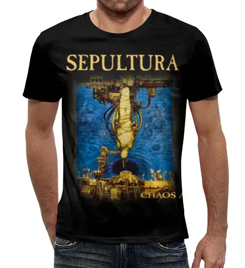 Заказать мужскую футболку в Москве. Футболка с полной запечаткой (мужская) Sepultura от geekbox - готовые дизайны и нанесение принтов.