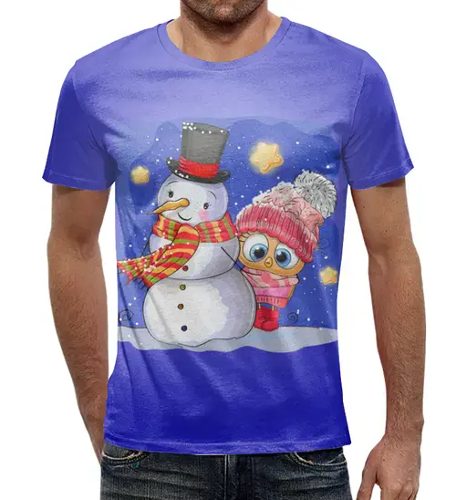 Заказать мужскую футболку в Москве. Футболка с полной запечаткой (мужская) Снеговик от T-shirt print  - готовые дизайны и нанесение принтов.