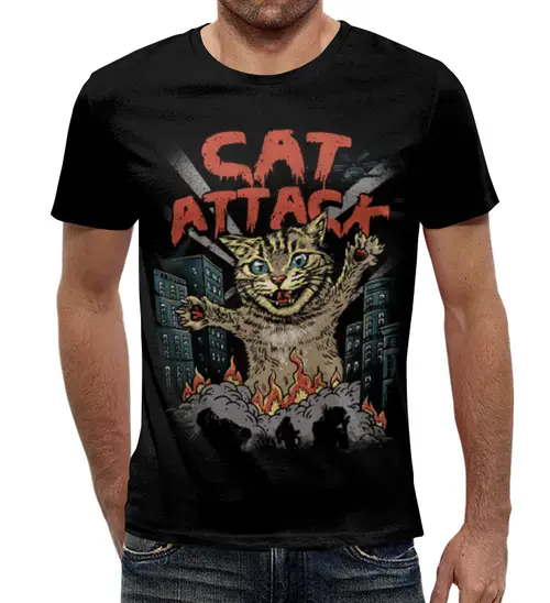 Заказать мужскую футболку в Москве. Футболка с полной запечаткой (мужская) Cat attack от T-shirt print  - готовые дизайны и нанесение принтов.