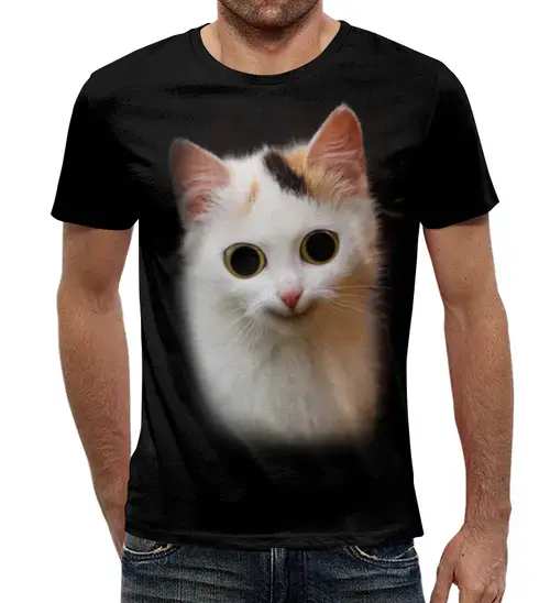 Заказать мужскую футболку в Москве. Футболка с полной запечаткой (мужская) Смешной котик от weeert - готовые дизайны и нанесение принтов.