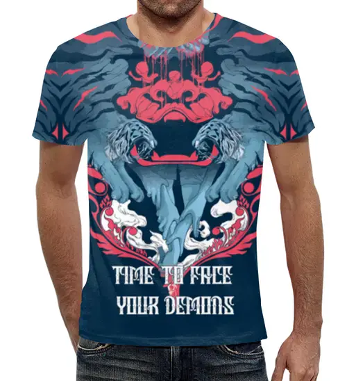 Заказать мужскую футболку в Москве. Футболка с полной запечаткой (мужская) Время встретиться с вашими демонами от Red Cardinal - готовые дизайны и нанесение принтов.