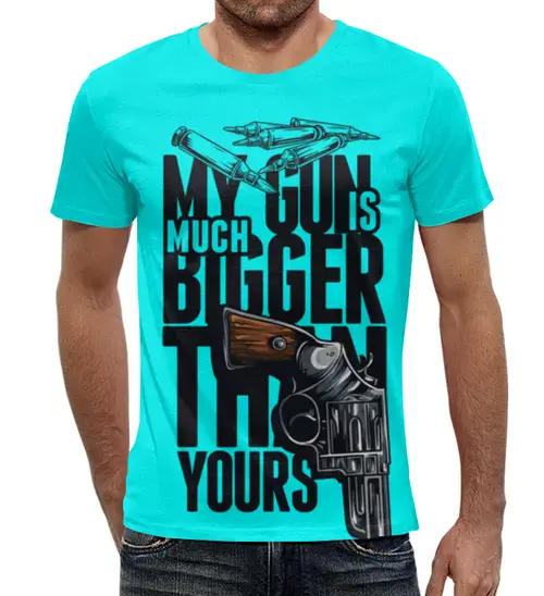 Заказать мужскую футболку в Москве. Футболка с полной запечаткой (мужская) Моя пушка больше чем твоя от ПРИНТЫ ПЕЧАТЬ  - готовые дизайны и нанесение принтов.