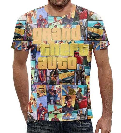Заказать мужскую футболку в Москве. Футболка с полной запечаткой (мужская) Grand Theft Auto GOLD от balden - готовые дизайны и нанесение принтов.